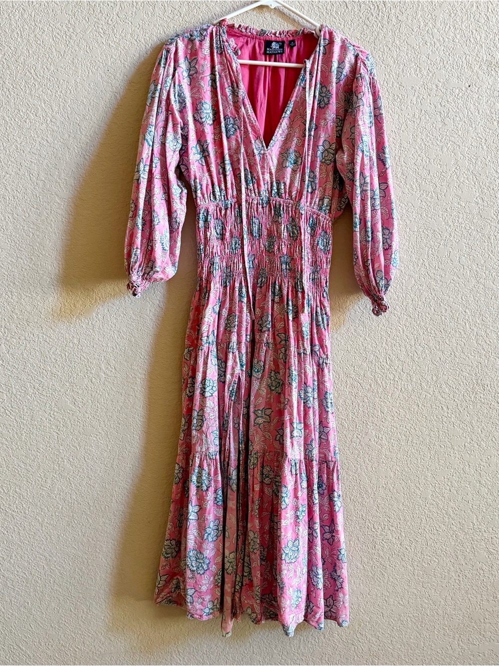 Madison Mathews Pink Floral Smocked Cotton Midi Dress Womens Size S Puff Sleeve